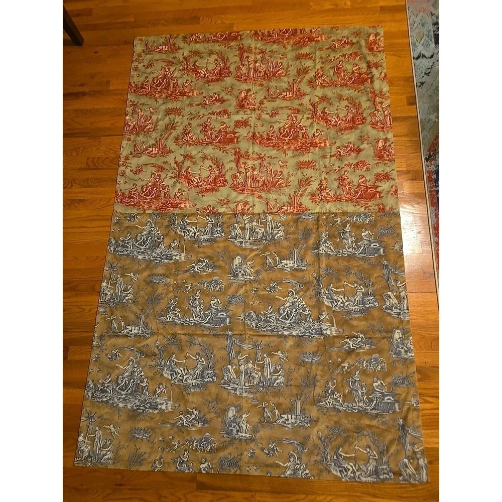 Vintage Toile de Jouy Fabric Panel – French Country Pastoral Scene – Red &‎ Blue